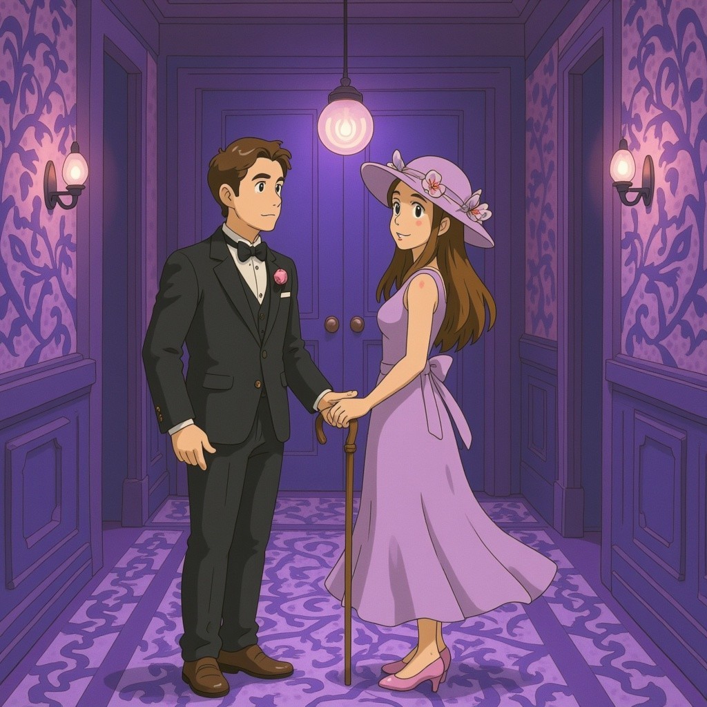 Whimsical Corridor with Elegant Couple in Purple Attire