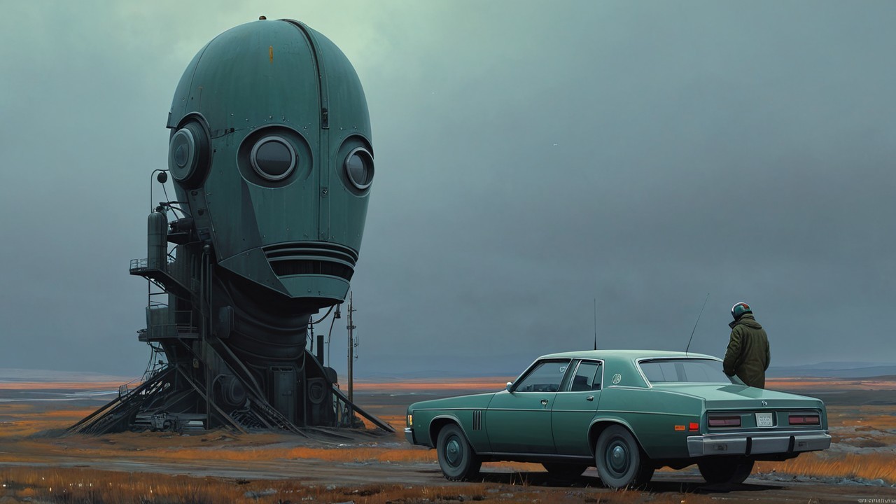 Retro Car Beside Humanoid Robot Structure in Desolation