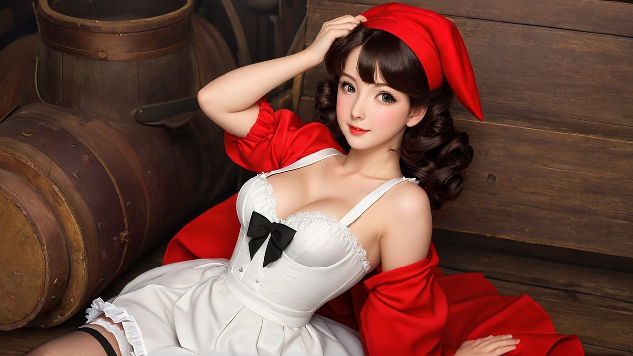 Young Woman in Red Cape and White Dress in Rustic Setting
