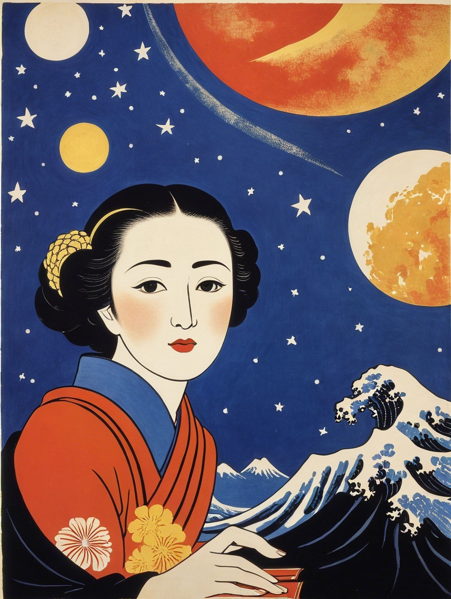 Serene Woman in Traditional Attire Against Cosmic Background