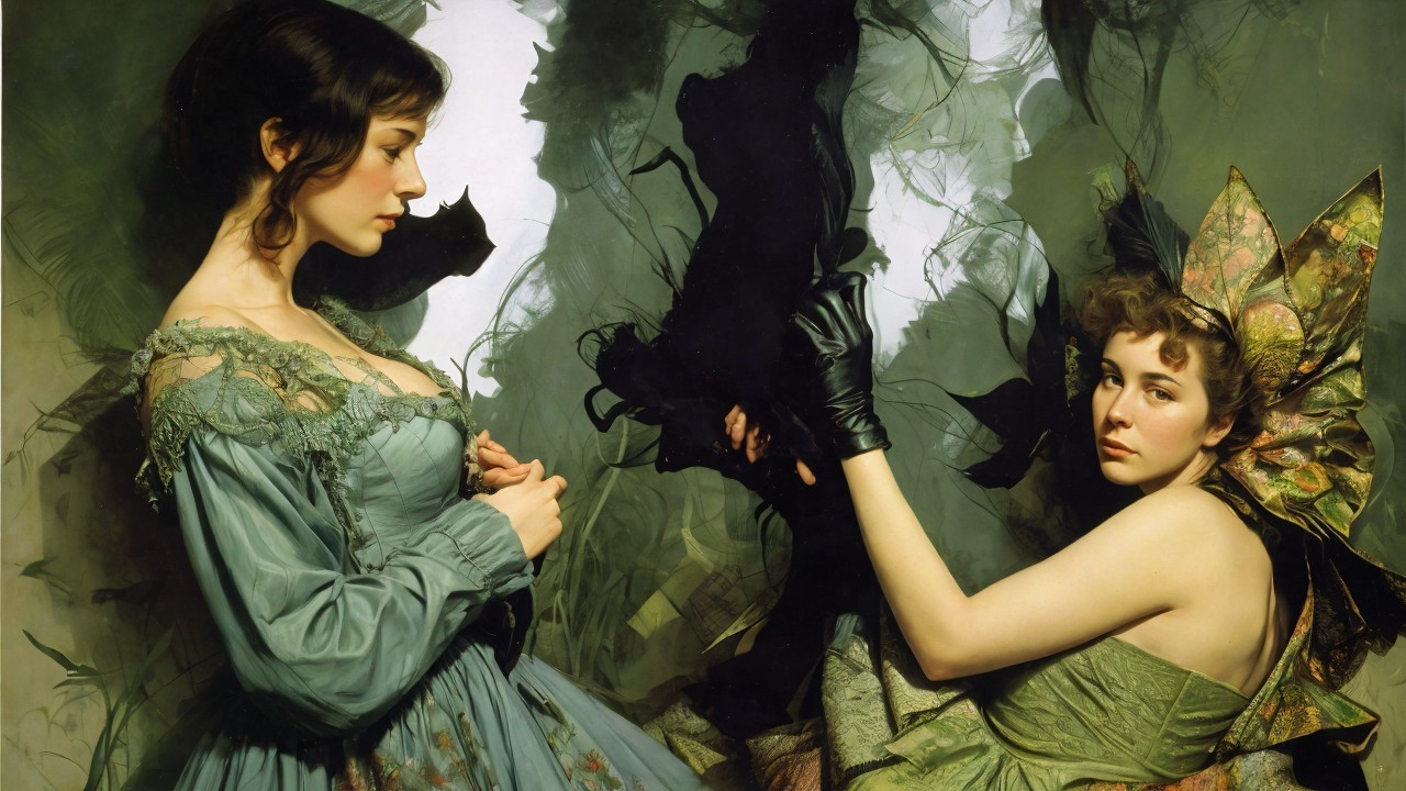 Elegantly Dressed Women in Ethereal Setting