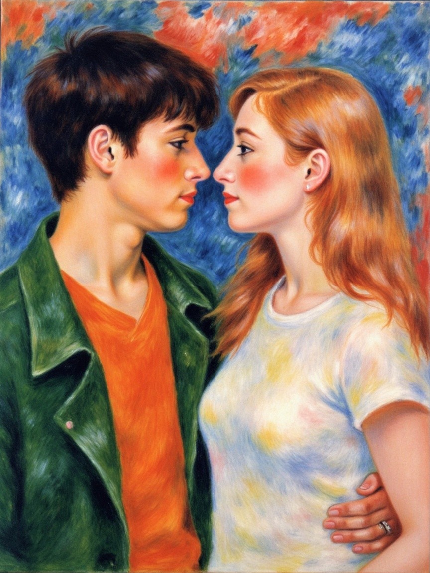 Young Couple Gazing in Colorful Abstract Setting
