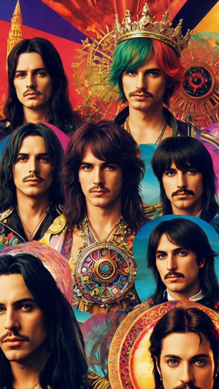 Vibrant Collage of Man with Long Hair and Mustache