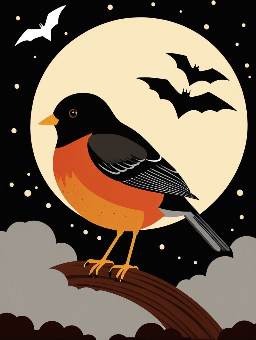 Bird with Black Head and Orange Breast Under Moonlight