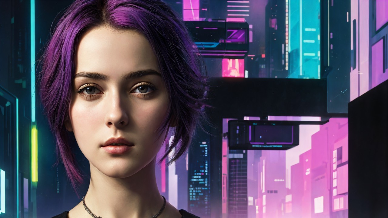 Cyber Girl with Purple Hair in Neon Cityscape