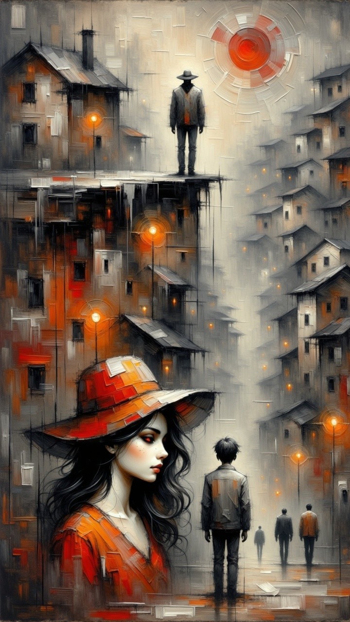 Surreal Landscape with Fragmented Houses and Figures