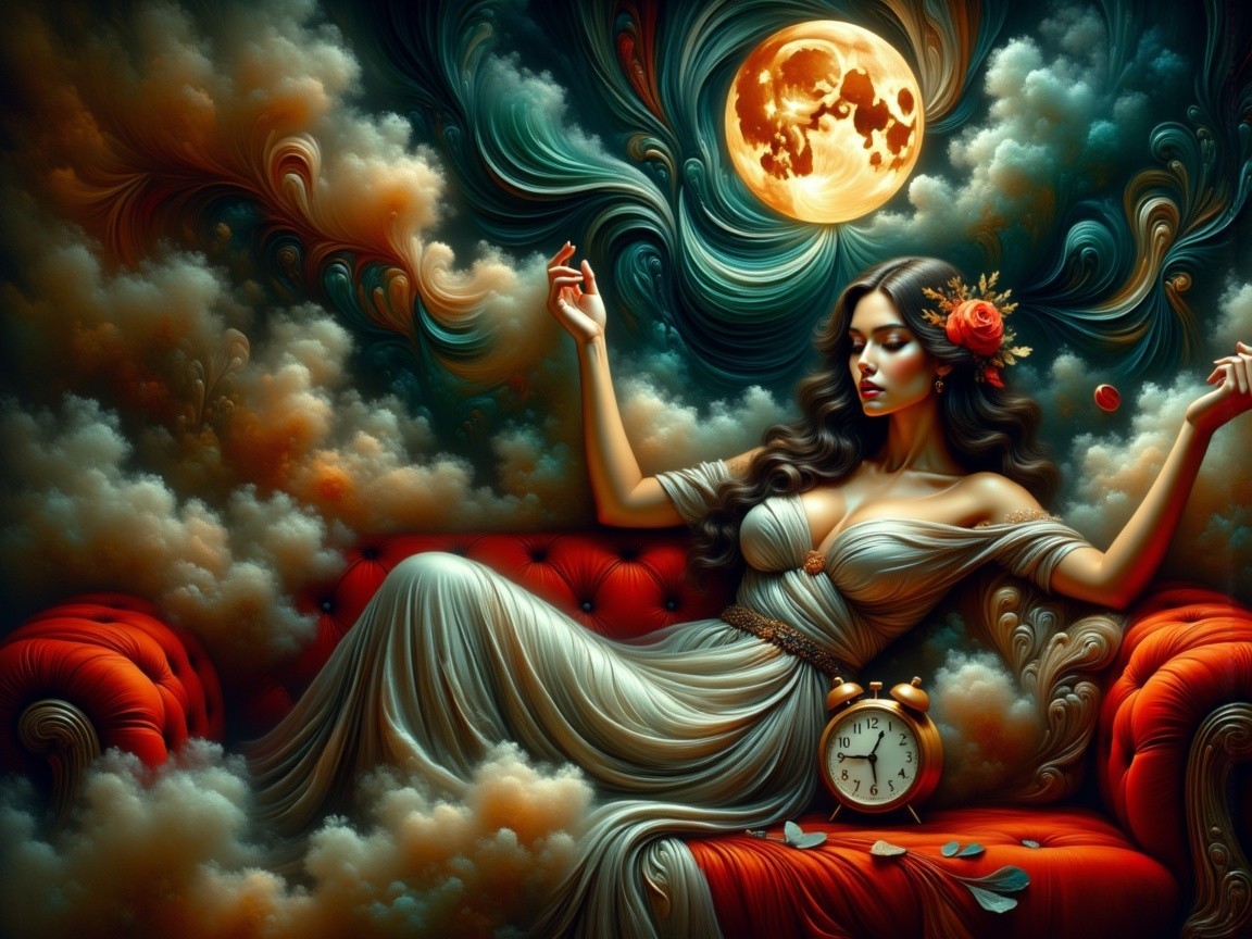Serene Woman in Gown on Red Couch with Moonlight