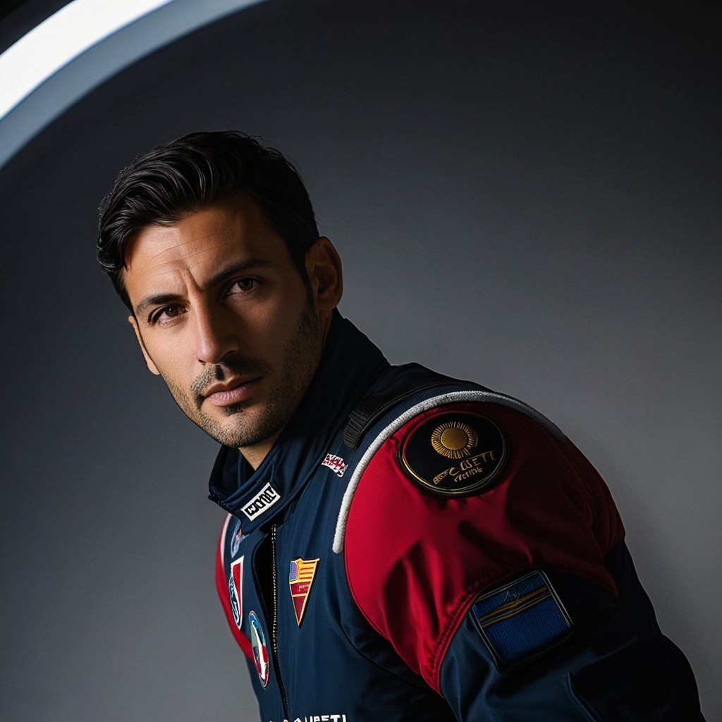 Astronaut in Dark Blue Flight Suit with Colorful Patches