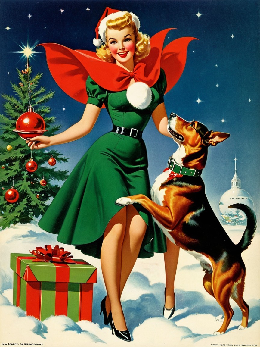 Holiday Illustration of Woman with Christmas Elements