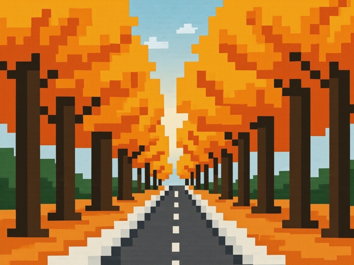 Pixel Art Scene of Autumn Road with Orange Trees