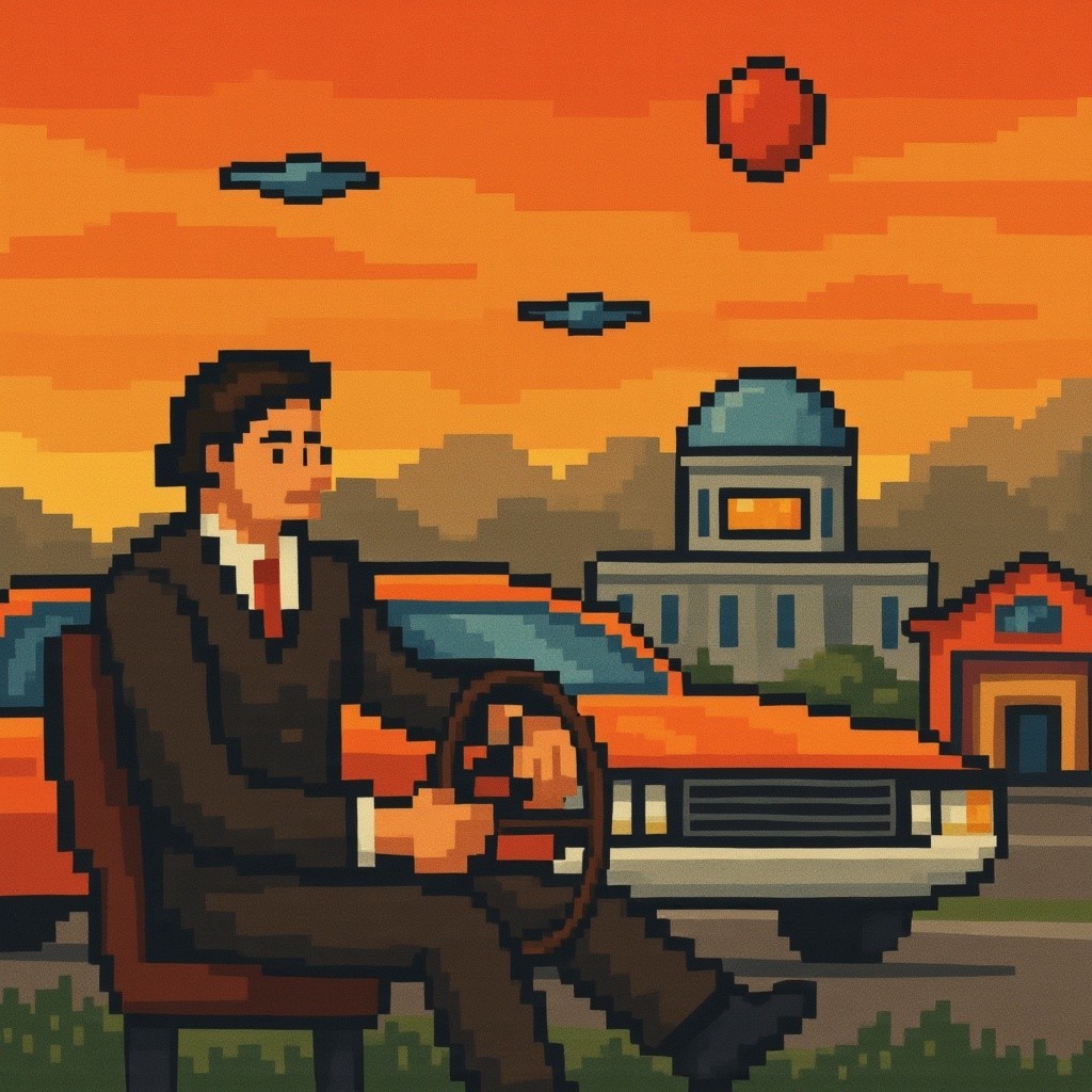 Pixel Art Scene of a Man, Car, and Sunset Background