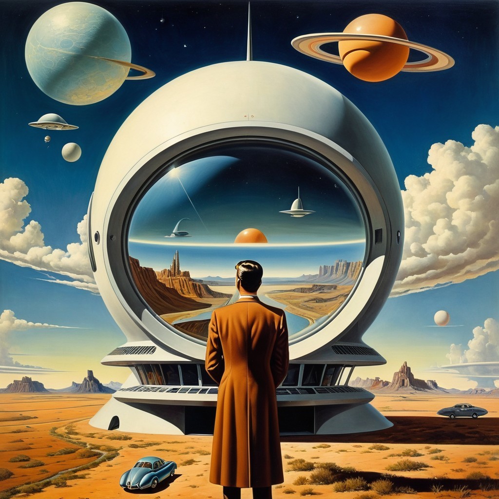 Futuristic Landscape with Dome and Retro Car