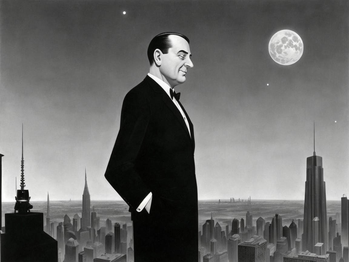 Elegant Tuxedo Figure Against Dramatic Skyline Night