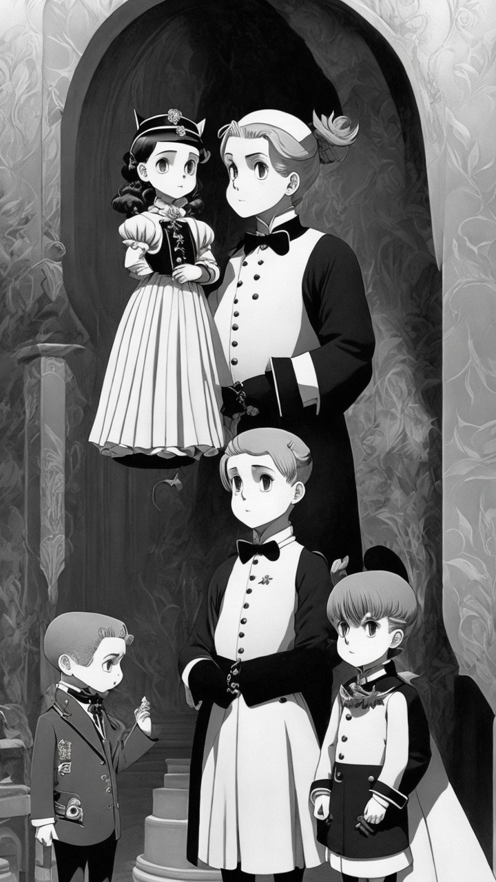 Monochrome Illustration of Elegantly Dressed Children