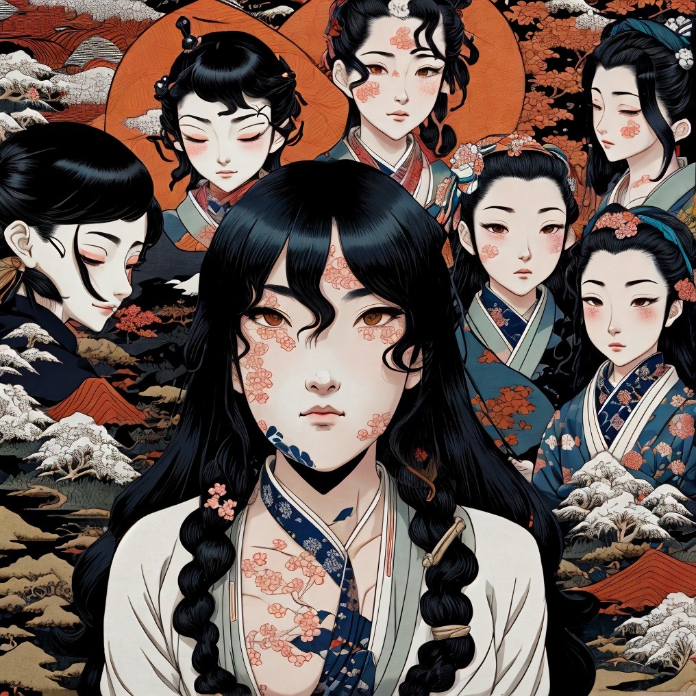 Stylized Portrait of Women in Traditional Attire