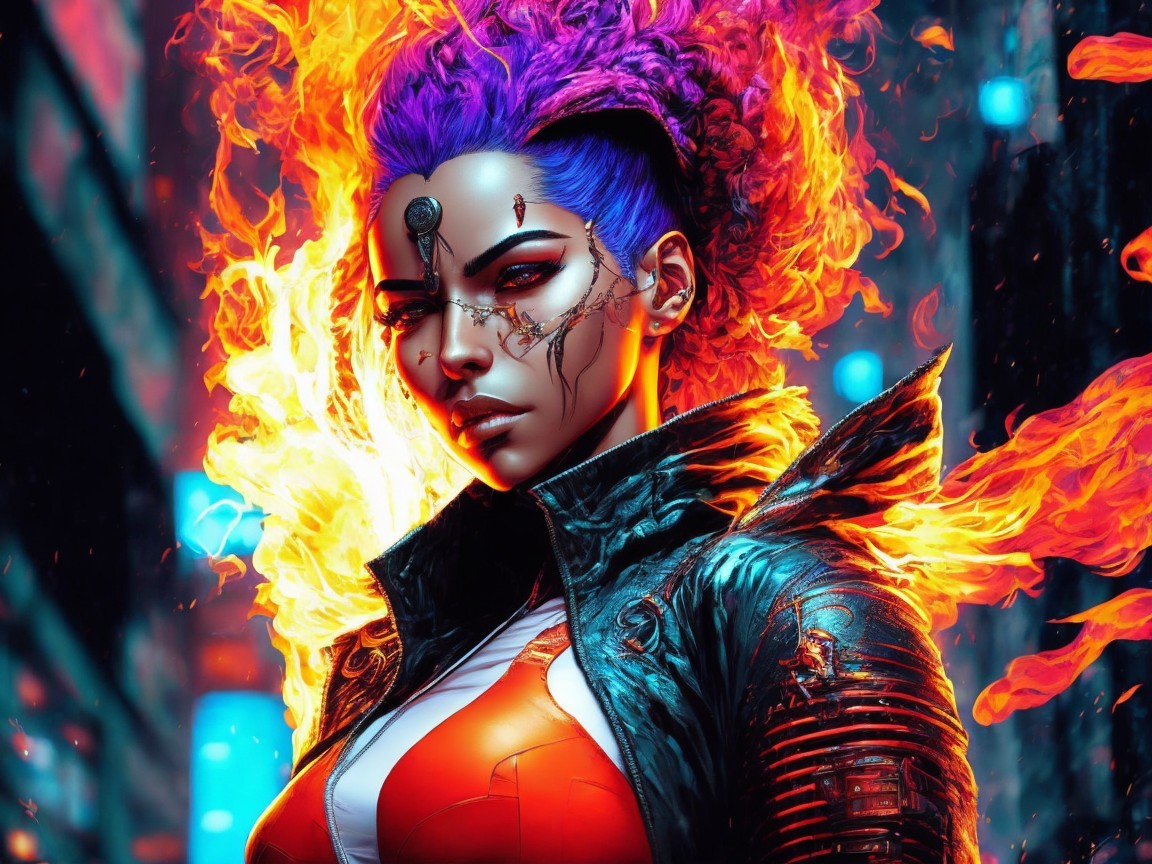 Cyberpunk Character in Neon City with Flames
