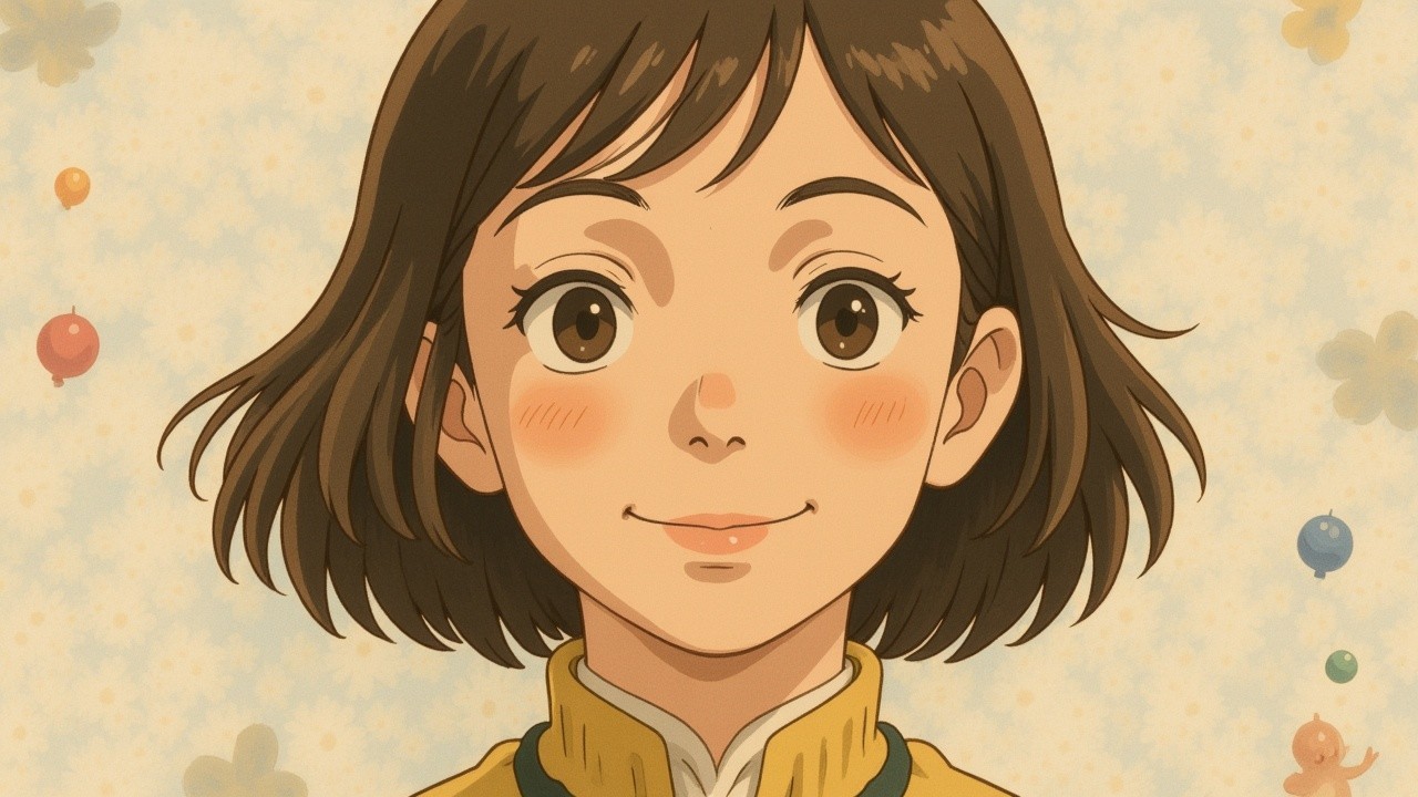 Cheerful anime girl in yellow outfit with pastel background