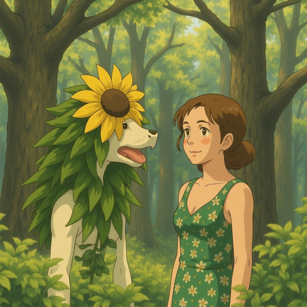 Girl in Floral Dress with Whimsical Dog in Forest