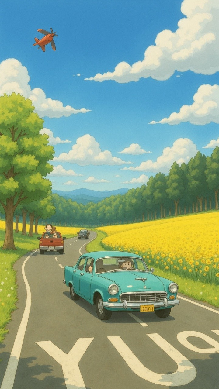Anime-Style Scenic Drive with Vintage Cars and Flowers