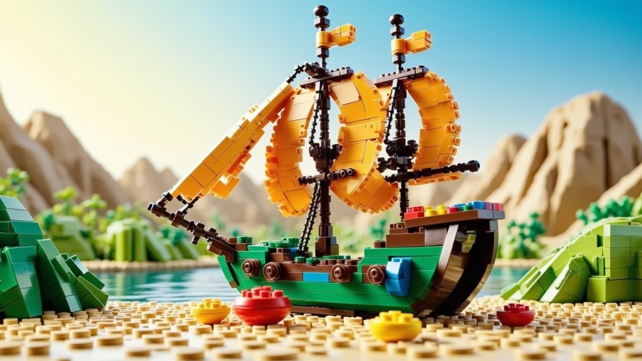 Vibrant LEGO Ship with Orange Sails in Tranquil Scene