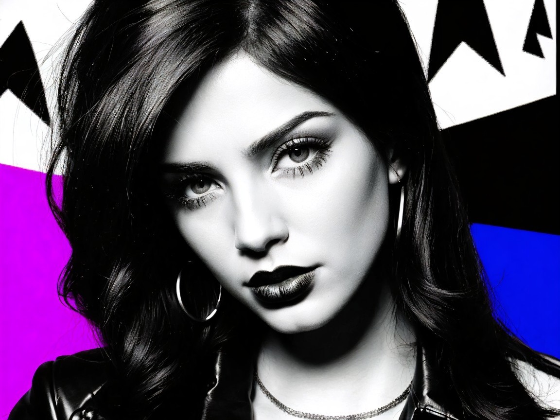 Portrait of a woman with dark hair and bold makeup