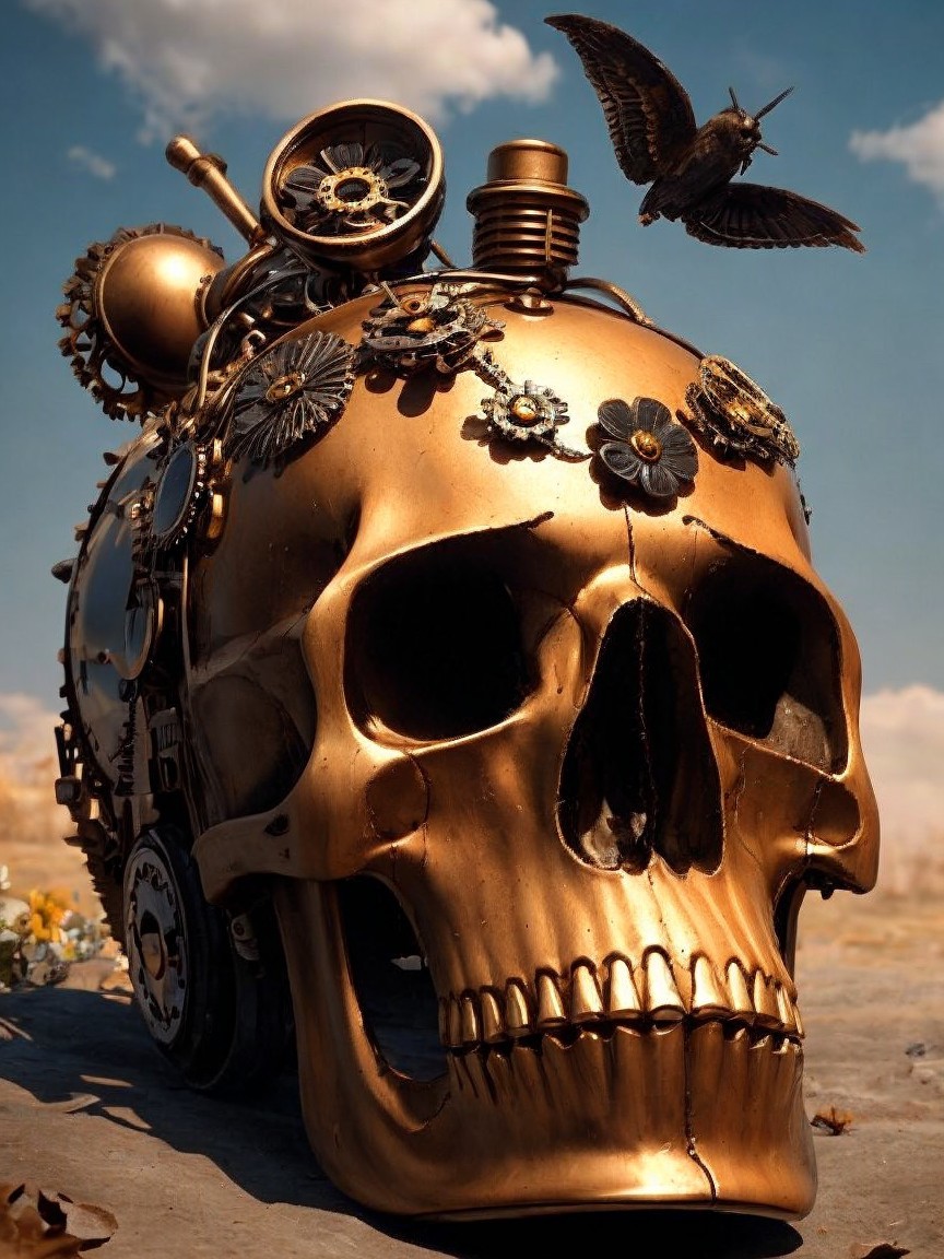 Golden steampunk skull with moth against blue sky