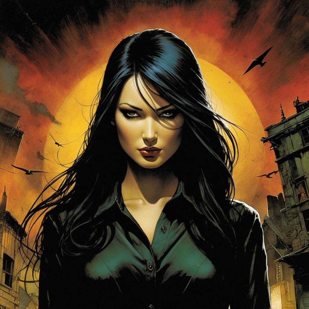 Mysterious Woman in Comic Book Illustration at Sunset