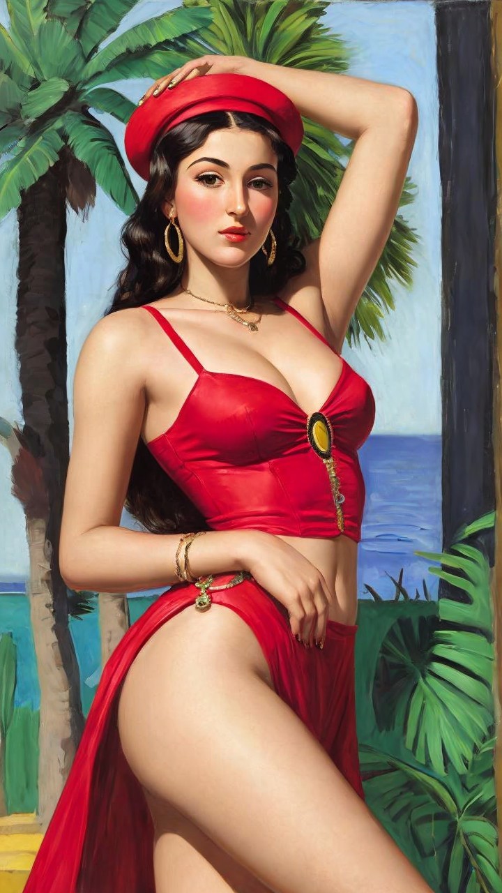 Woman in Red Outfit with Ocean and Palm Trees