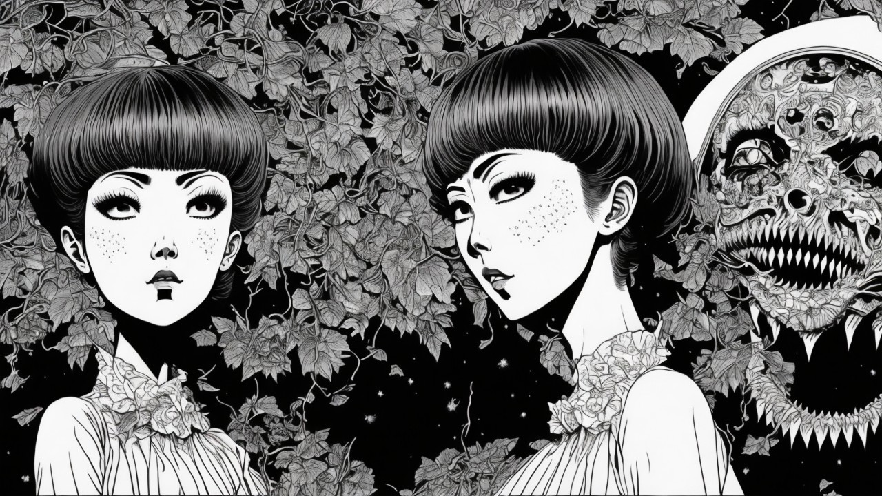 Stylized ethereal figures with floral embellishments