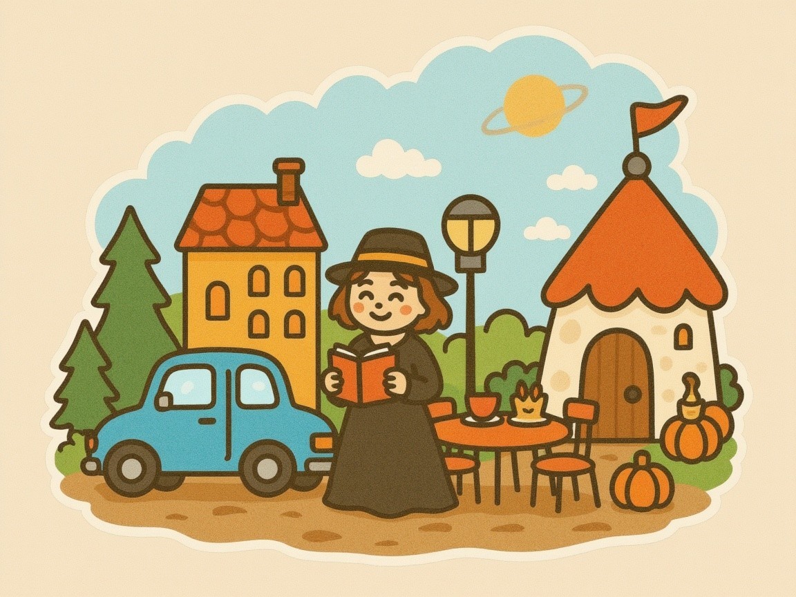 Whimsical Illustration of a Woman Reading by Cottages