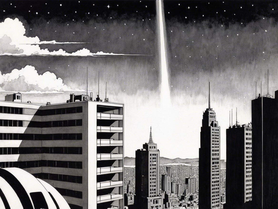 Monochromatic Nighttime City Skyline with Futuristic Design