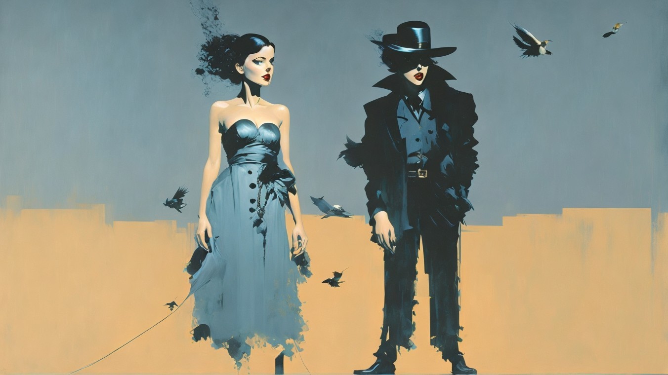 Modern Art Piece with Woman in Blue Dress and Man