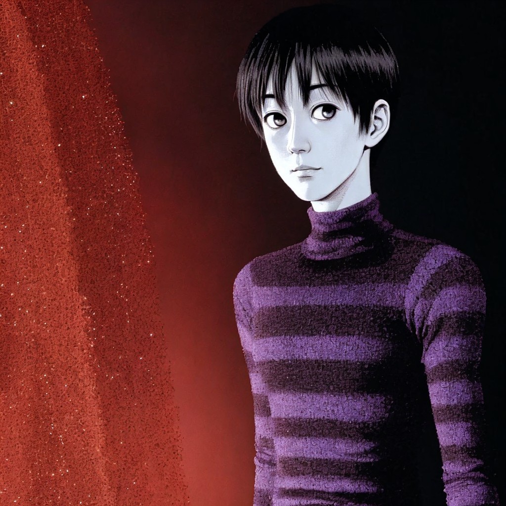 Young Person in Purple and Black Striped Turtleneck