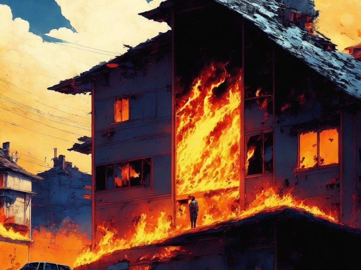 House on Fire with Dark Smoke and Shattered Windows