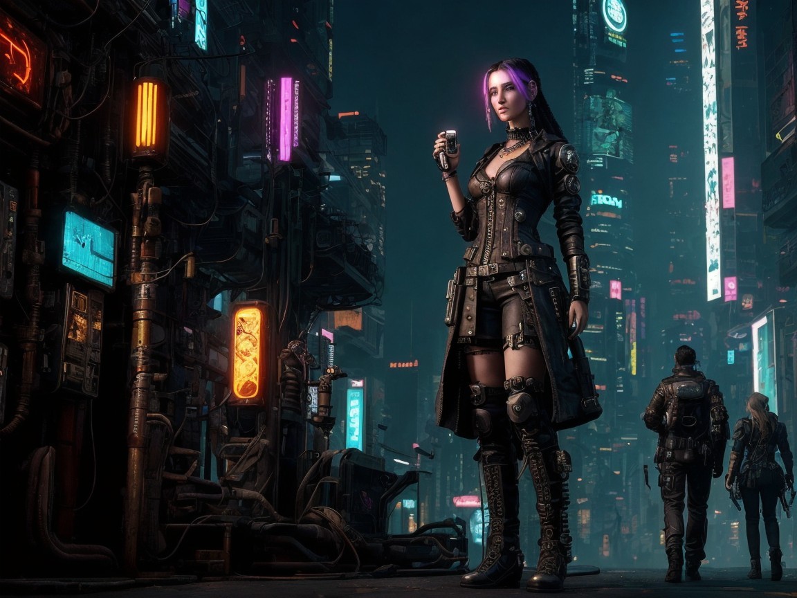 Futuristic City Scene with Confident Woman and Alleyway