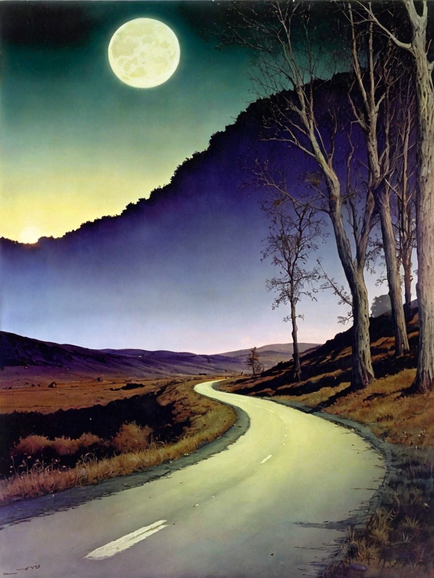 Winding Road Through Serene Landscape Under Full Moon