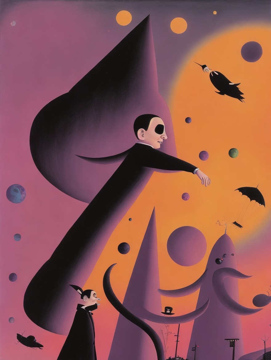 Surreal Landscape with Abstract Forms and Whimsical Characters