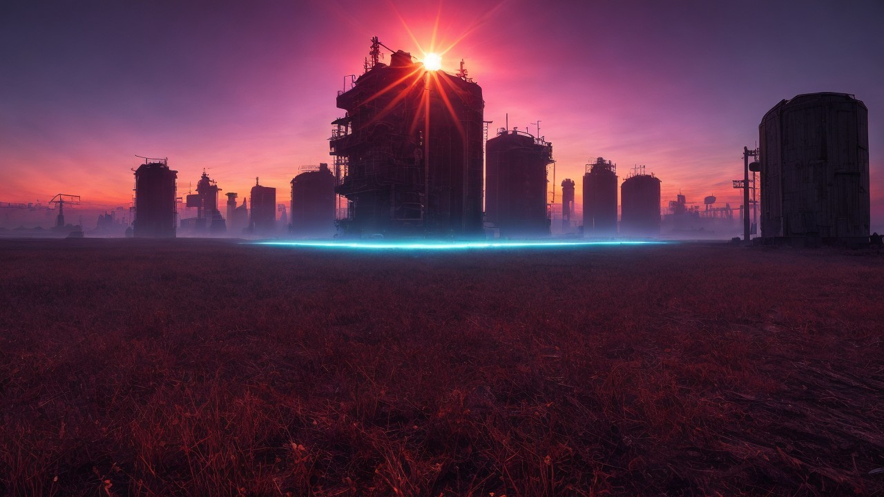 Surreal Landscape with Industrial Structures at Sunset