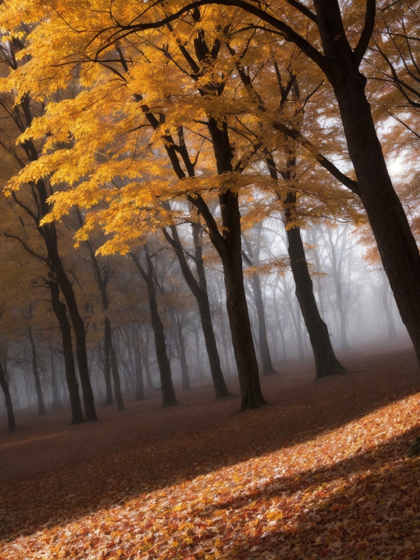 Autumn Forest Scene with Golden Leaves and Fog