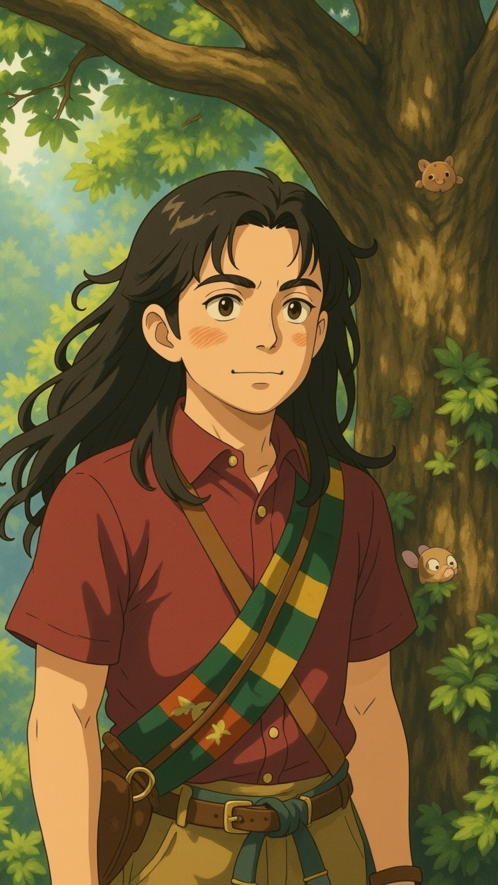 Young person in forest with vibrant greenery and animals