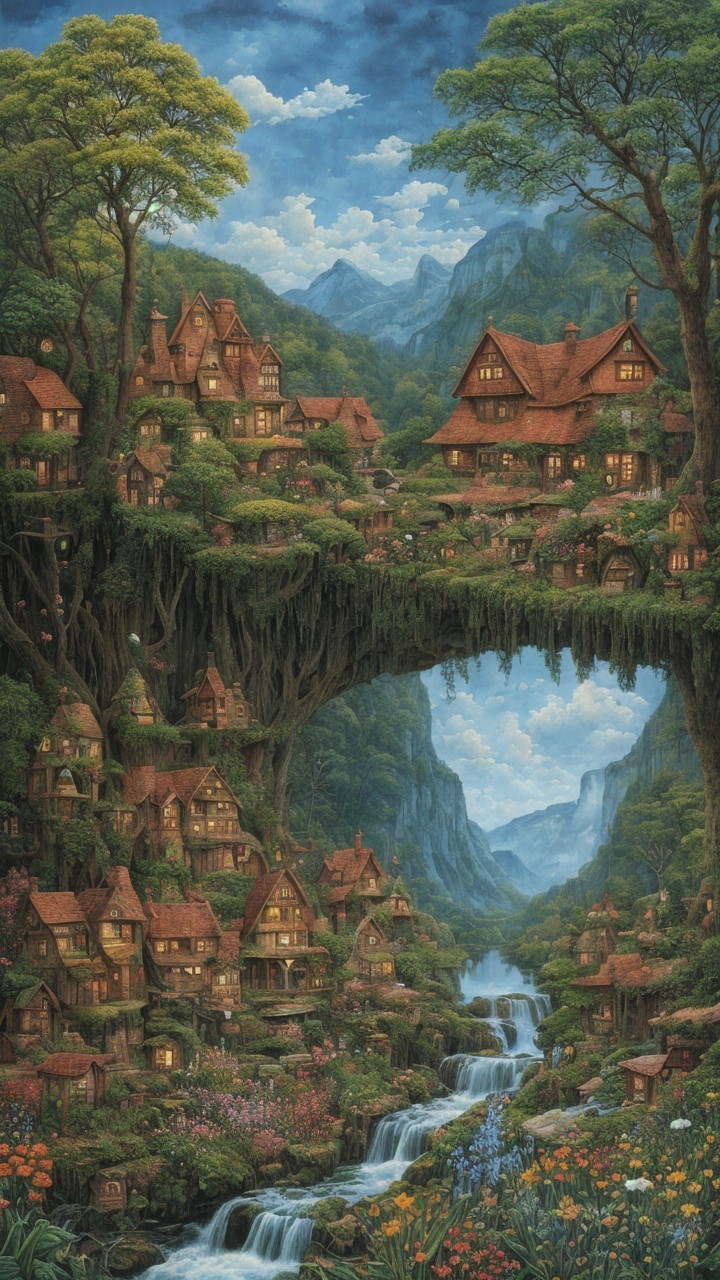 Whimsical Floating Island Landscape with Waterfalls