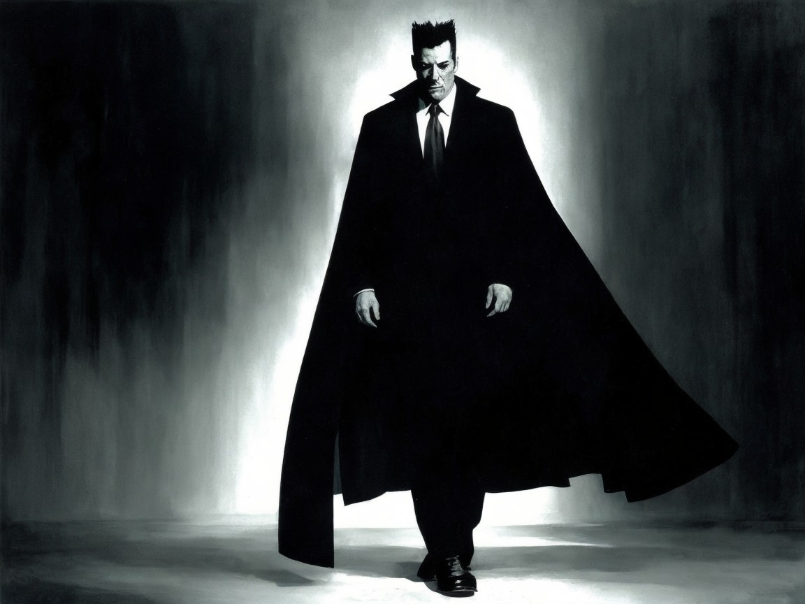 Solitary Figure in Dramatic Pose with Cape and Shadows