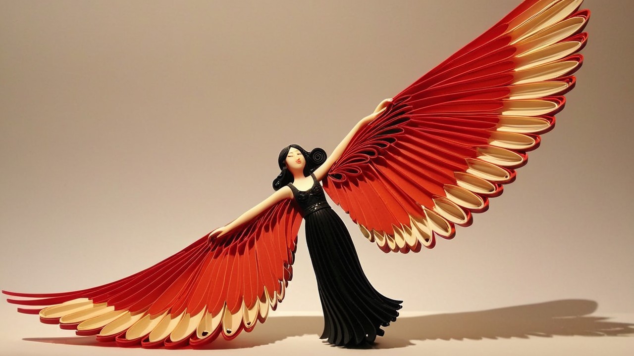 Woman with Flowing Hair and Vibrant Paper Wings