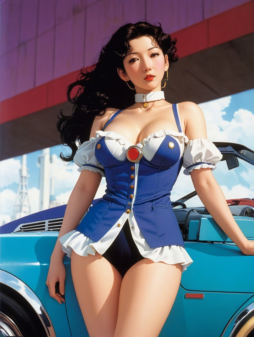 Stylish Woman Posing with Vintage Blue Car in Urban Scene