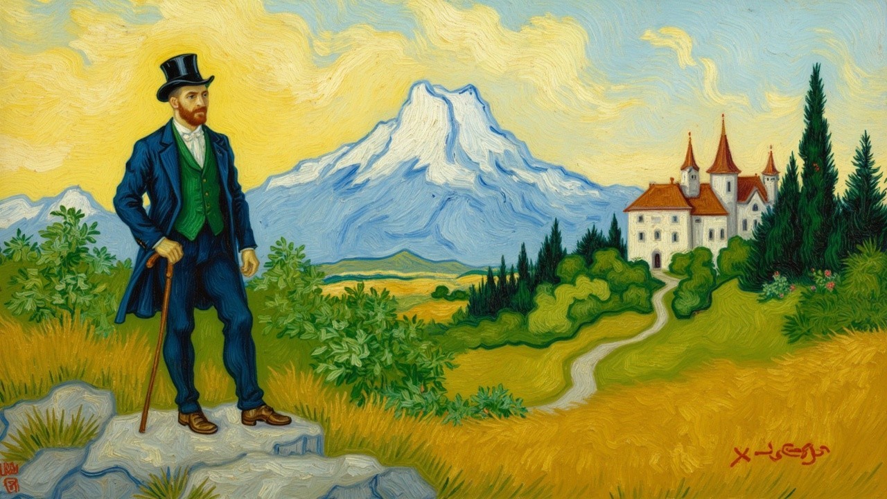 Gentleman in Top Hat Overlooks Castle and Mountainscape