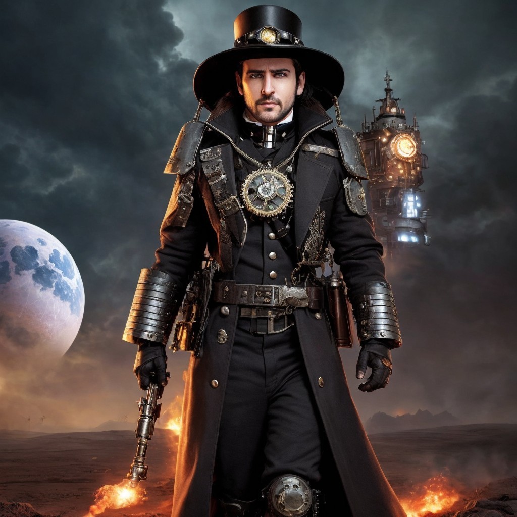 Steampunk Character in Twilight Landscape with Moons