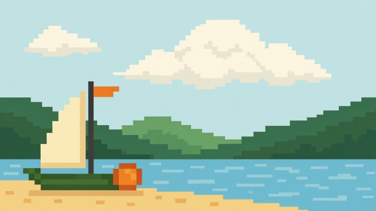 Tranquil pixel art lake with boat and hills