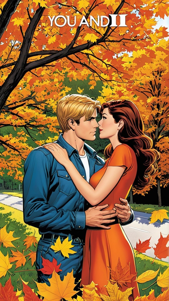 Couple Embracing Under Colorful Autumn Leaves