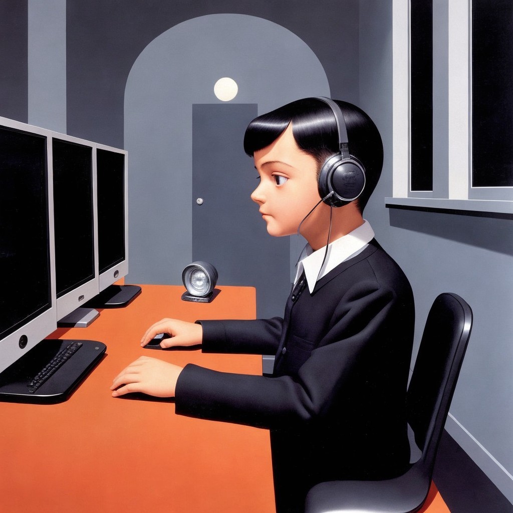 Anime-style boy at an orange desk with monitors