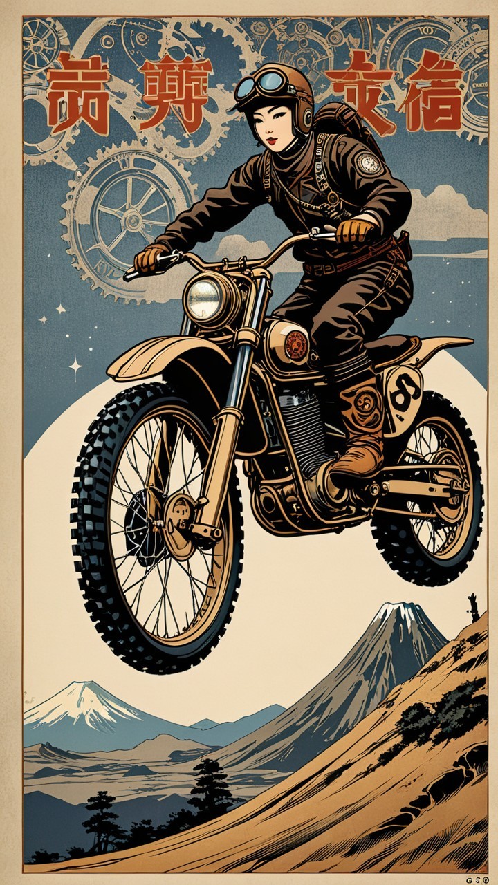 Vintage Illustration of a Female Motorcyclist in Flight